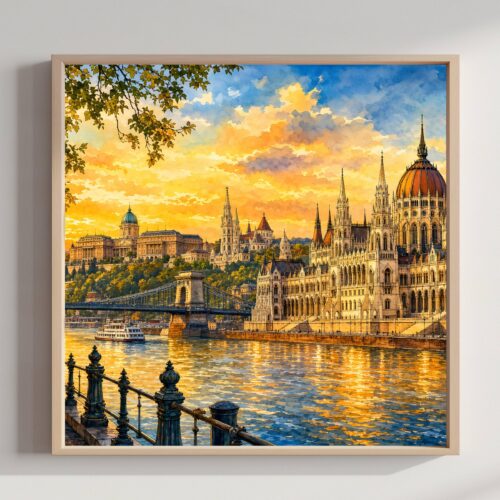 Budapest Parliament Danube Golden Hour Hungary Watercolor Print: Europe Travel Art Poster