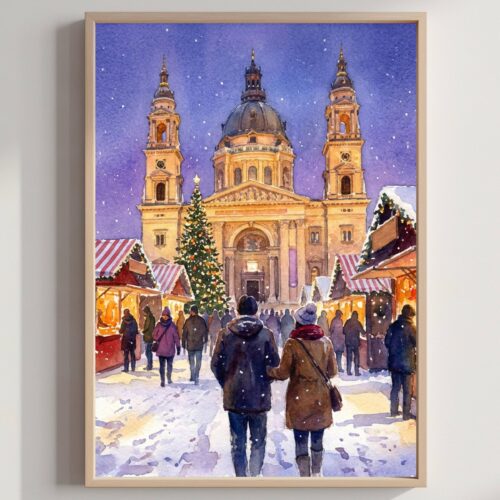 Budapest Hungary St. Stephen's Basilica Christmas Market Watercolor Print: Christmas Travel Art Poster