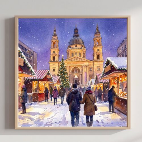 Budapest Hungary St. Stephen's Basilica Christmas Market Watercolor Print: Square Christmas Travel Art Poster