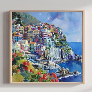 Cinque Terre Italy Watercolor Print: Square Travel Art Poster
