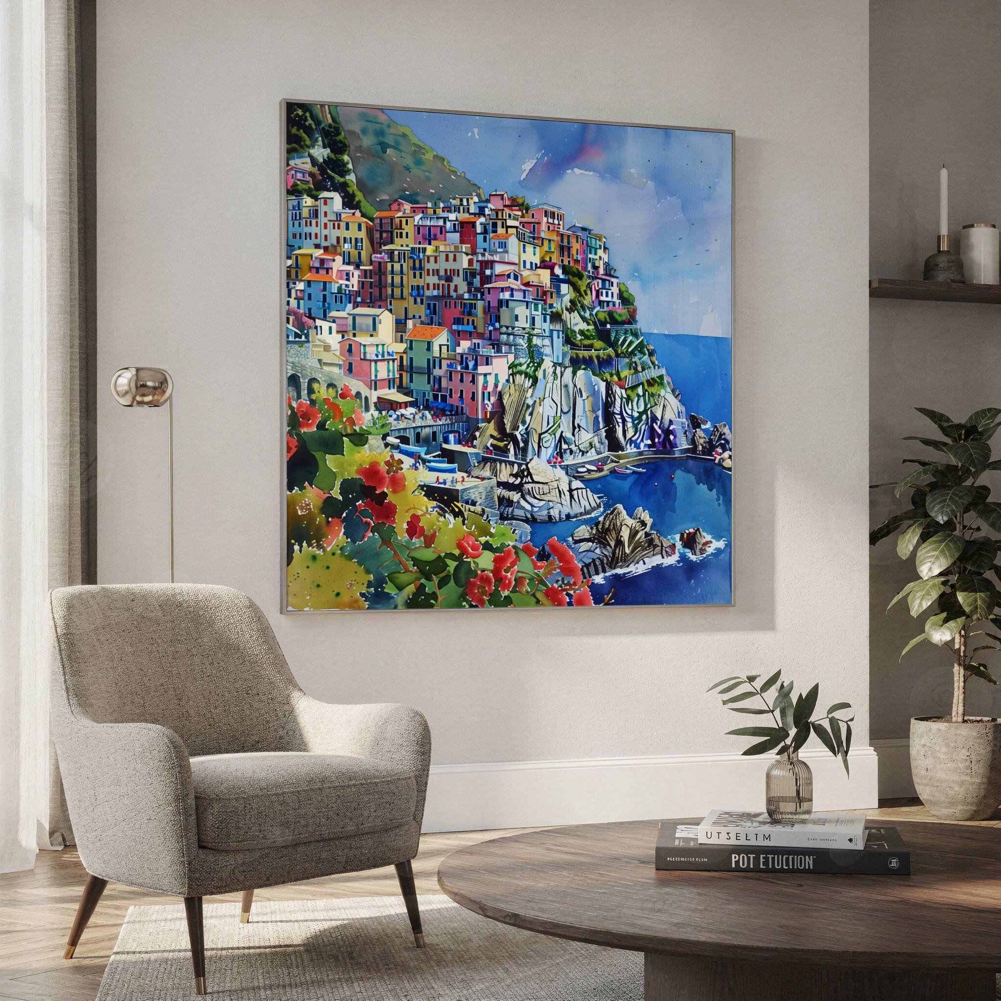 Cinque Terre Italy Watercolor Print: Square Travel Art Poster - Image 2