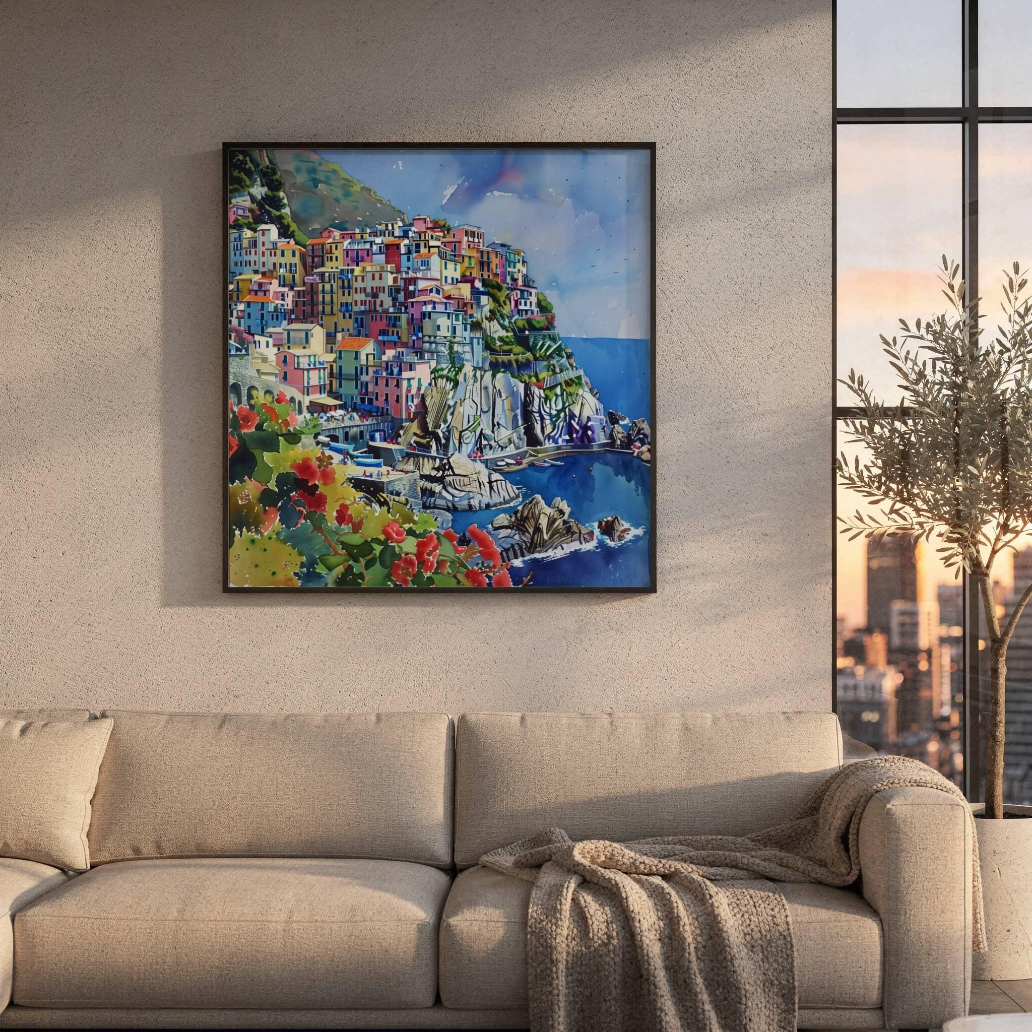 Cinque Terre Italy Watercolor Print: Square Travel Art Poster - Image 8