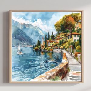 Lake Como Italy Watercolor Print: Square Travel Art Poster