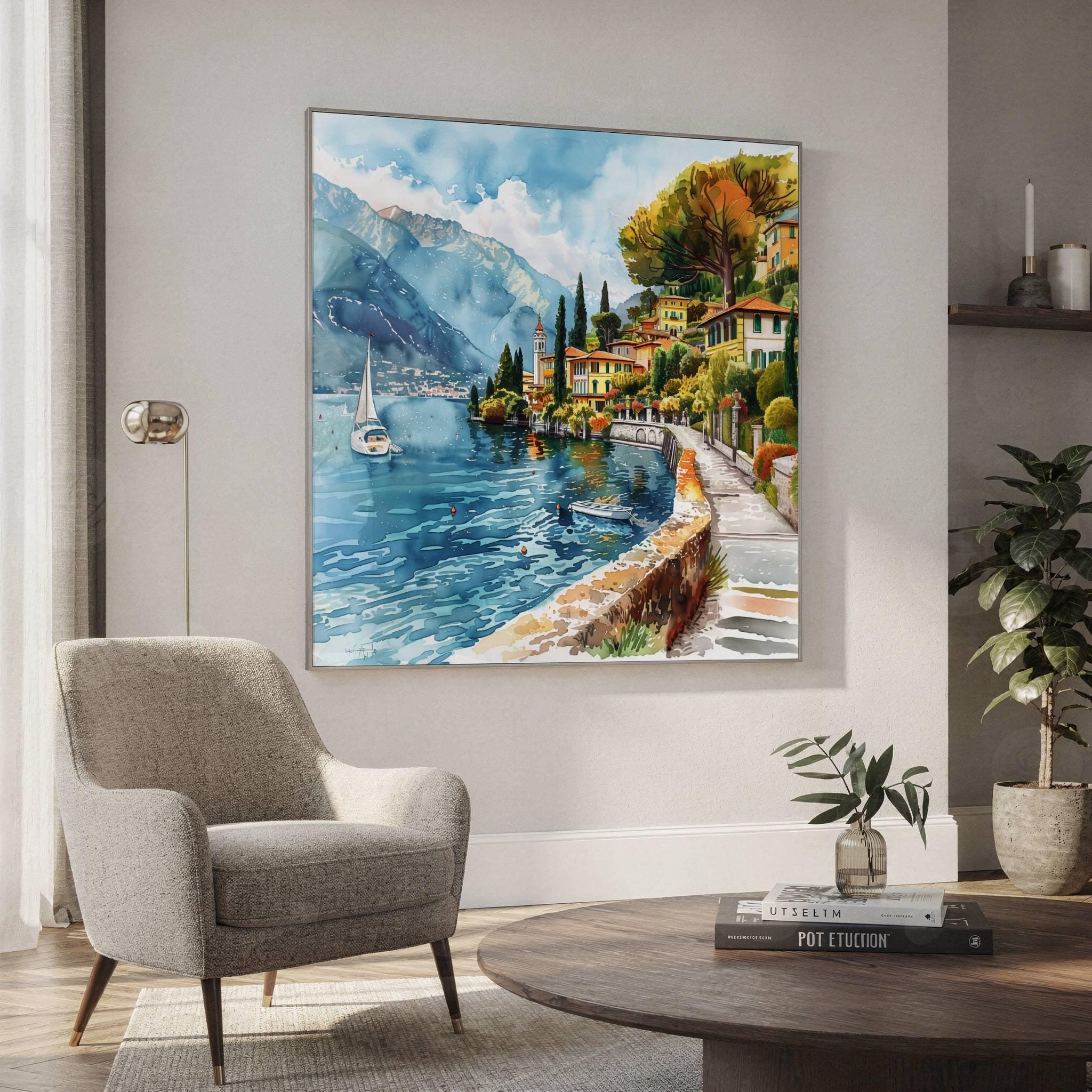 Lake Como Italy Watercolor Print: Square Travel Art Poster - Image 2