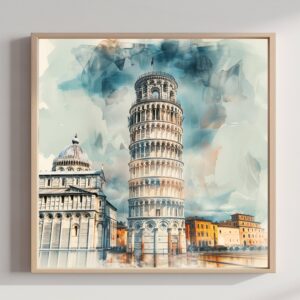 Leaning Tower of Pisa Italy Watercolor Print: Square Travel Art Poster