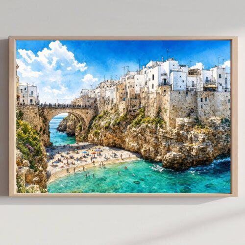 Polignano a Mare Puglia Italy Watercolor Print: Europe Travel Art Poster