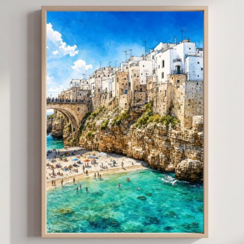 Polignano a Mare Italy Watercolor Print: Puglia Coastal Travel Art Poster
