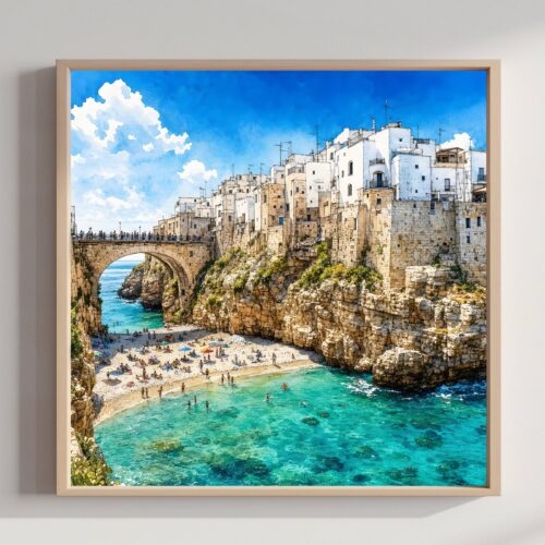 Polignano a Mare Puglia Coastal Italy Watercolor Print: Italian Travel Art Poster