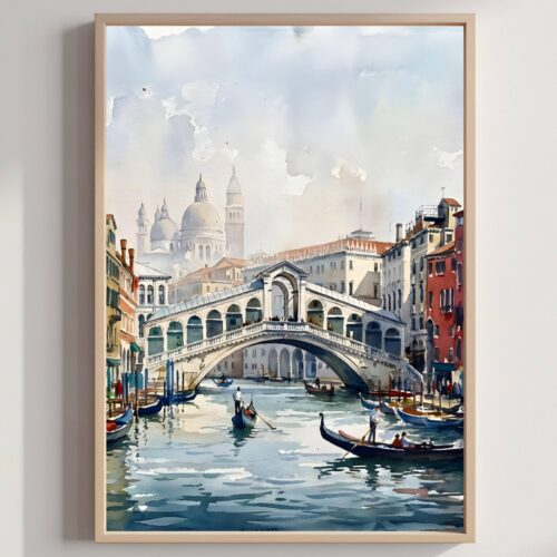 Venice Grand Canal Italy Watercolor Print: Rialto Bridge Travel Art Poster