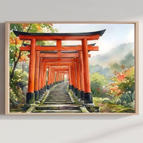 Kyoto Fushimi Inari Japan Watercolor Print: Asia Travel Art Poster