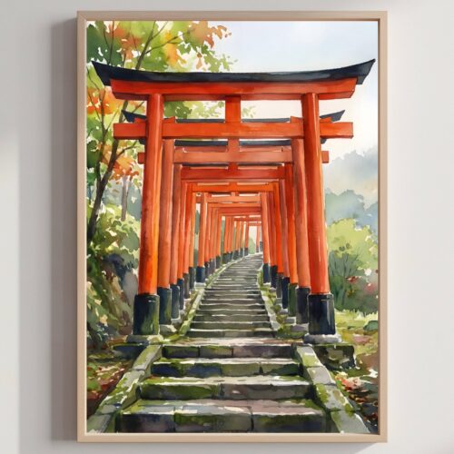 Kyoto Fushimi Inari Japan Asia Watercolor Print: Japanese Travel Art Poster