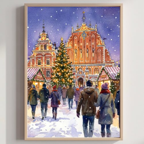 Riga Latvia Christmas Market Watercolor Print: Christmas Travel Art Poster