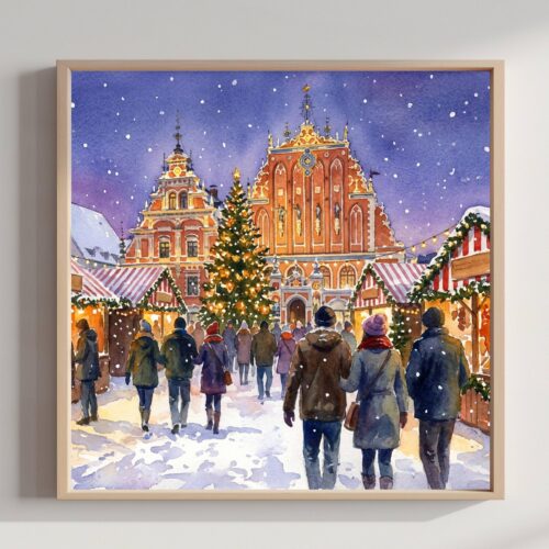 Riga Latvia Christmas Market Watercolor Print: Square Christmas Travel Art Poster