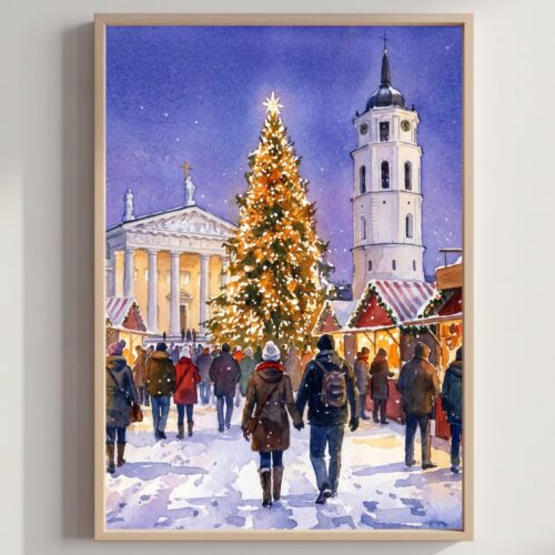 Vilnius Lithuania Christmas Market Watercolor Print: Christmas Travel Art Poster