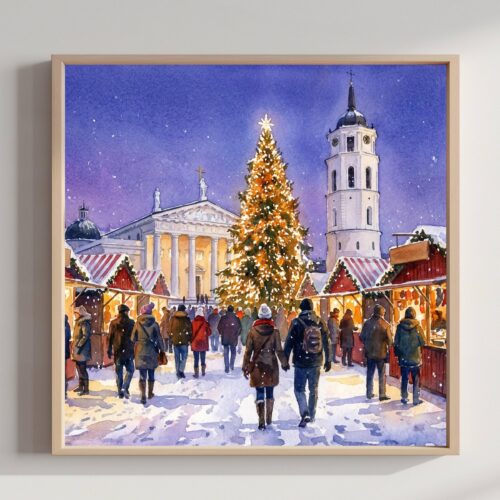 Vilnius Lithuania Christmas Market Watercolor Print: Square Christmas Travel Art Poster