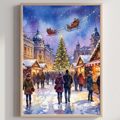 Craiova Romania Christmas Market Watercolor Print: Christmas Travel Art Poster