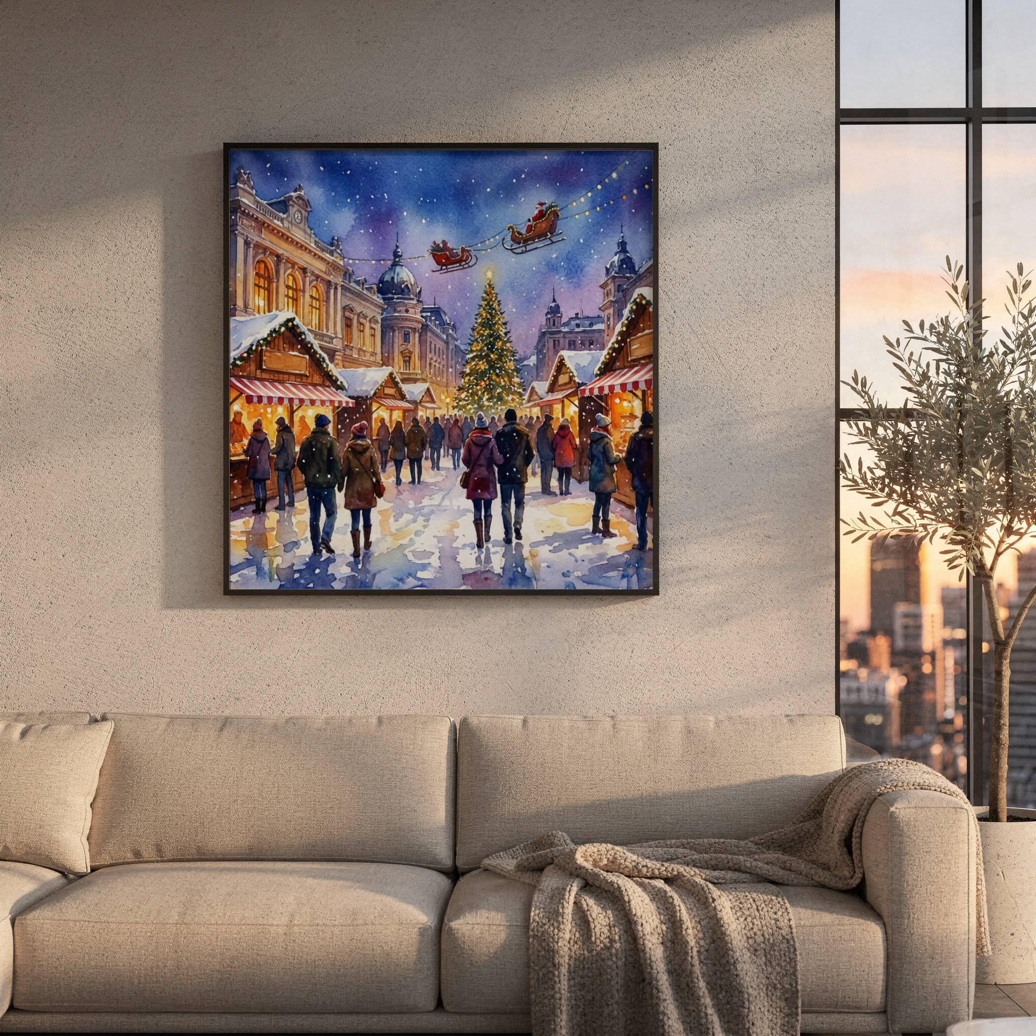Craiova Romania Christmas Market Watercolor Print: Square Christmas Travel Art Poster - Image 8