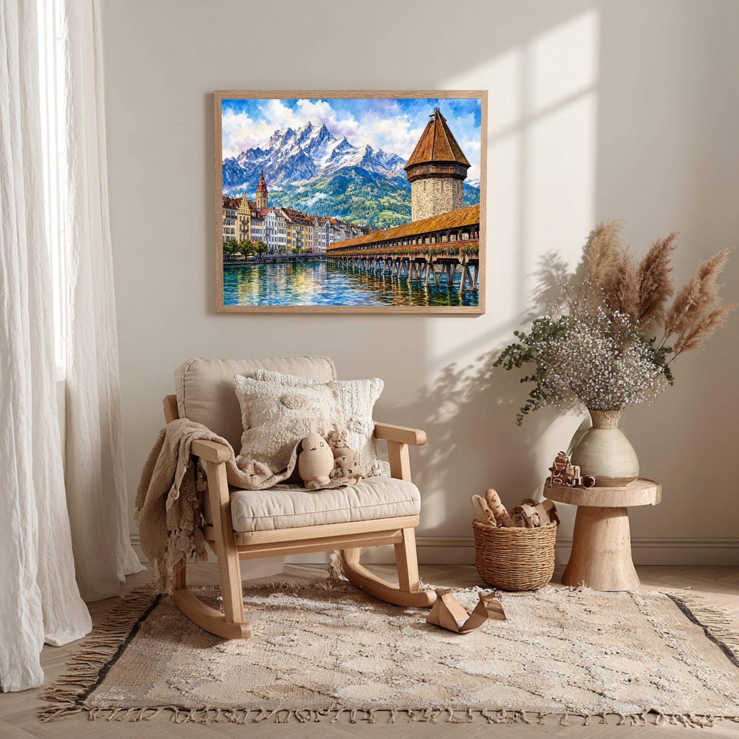 Lucerne Chapel Bridge Swiss Alps Switzerland Europe Watercolor Print: Vacation Travel Art Poster - Image 10
