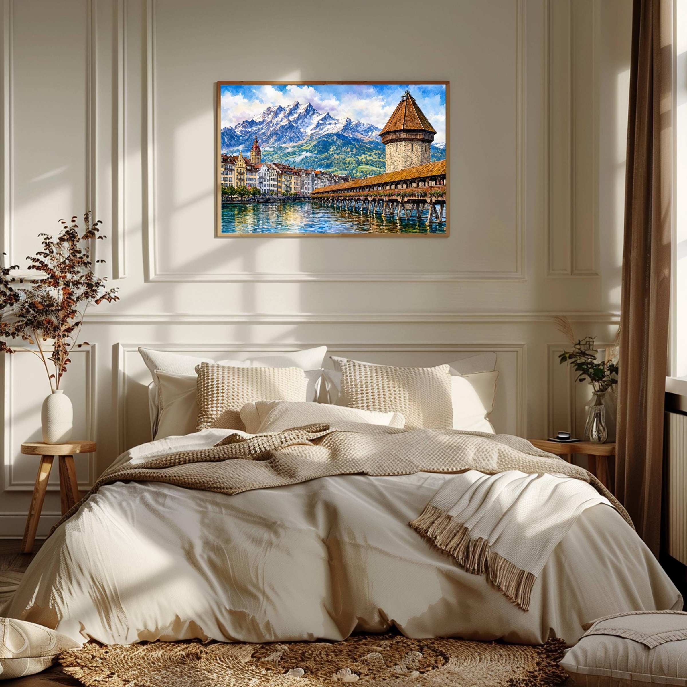 Lucerne Chapel Bridge Swiss Alps Switzerland Europe Watercolor Print: Vacation Travel Art Poster - Image 2