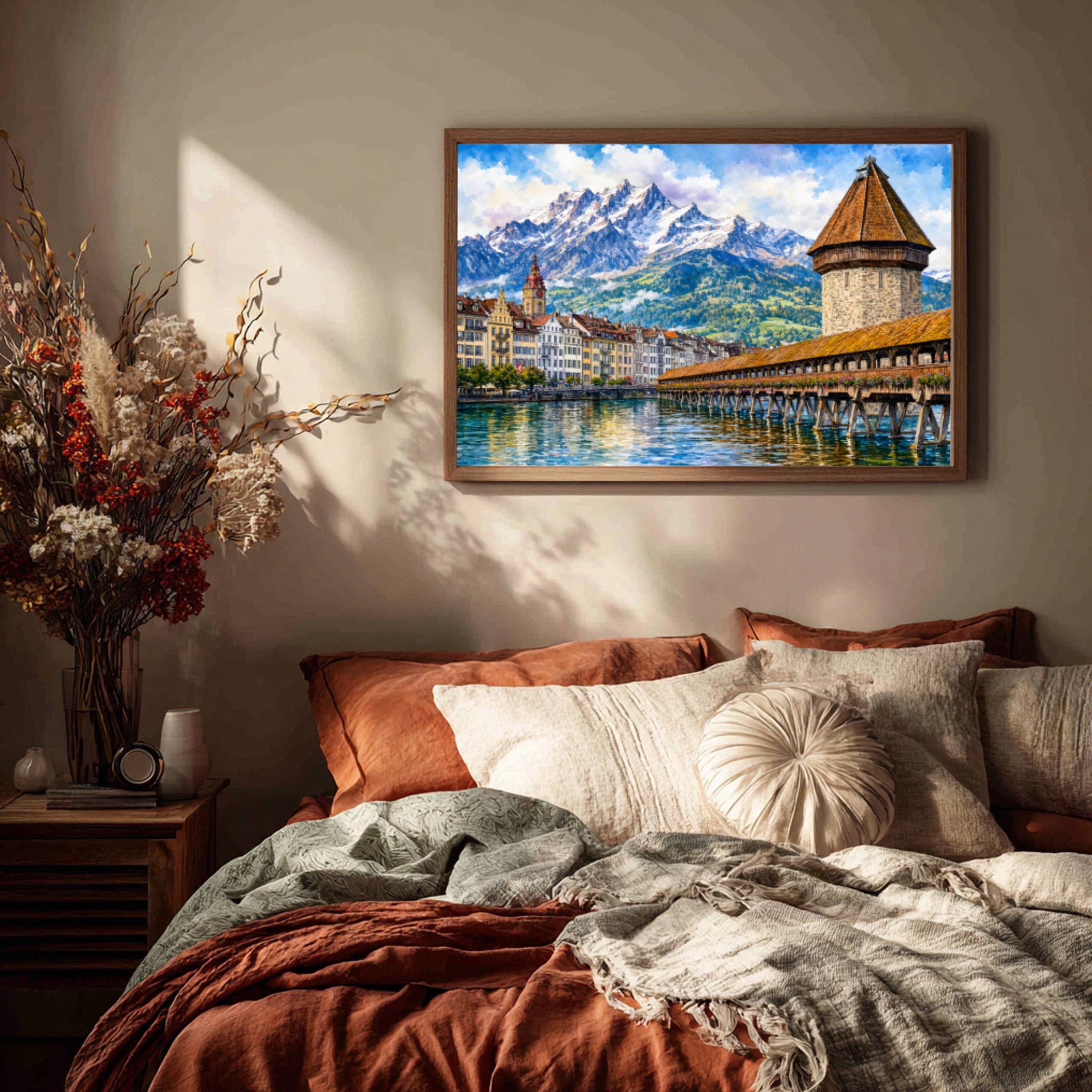 Lucerne Chapel Bridge Swiss Alps Switzerland Europe Watercolor Print: Vacation Travel Art Poster - Image 3