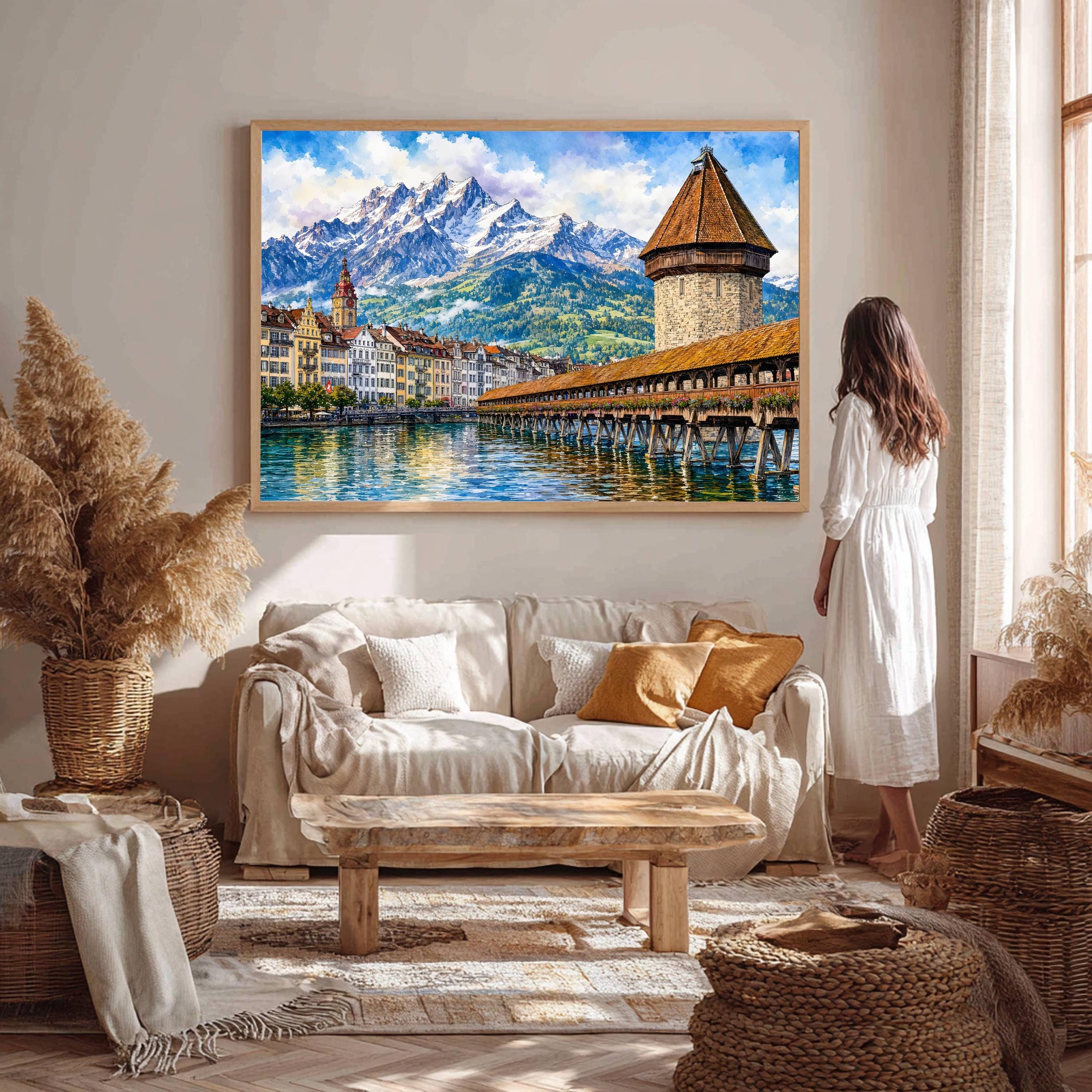 Lucerne Chapel Bridge Swiss Alps Switzerland Europe Watercolor Print: Vacation Travel Art Poster - Image 5