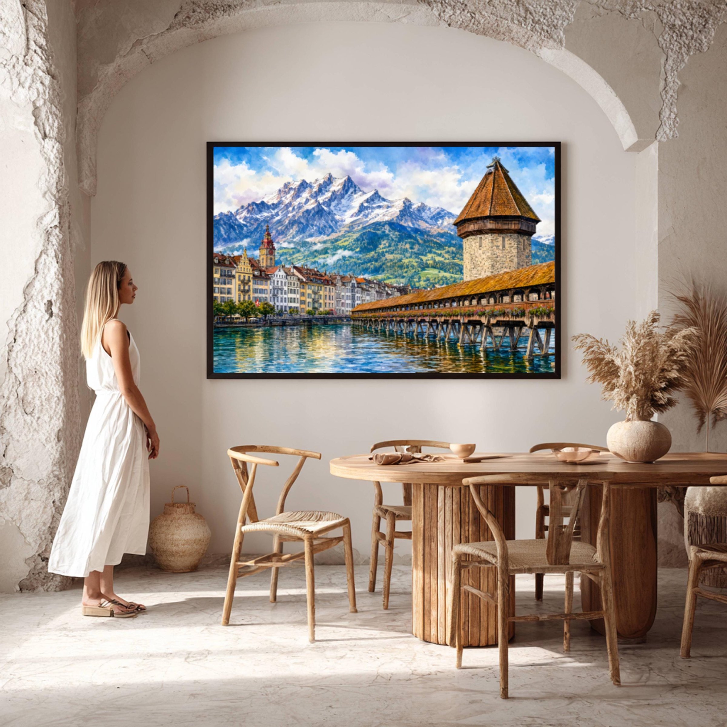 Lucerne Chapel Bridge Swiss Alps Switzerland Europe Watercolor Print: Vacation Travel Art Poster - Image 6