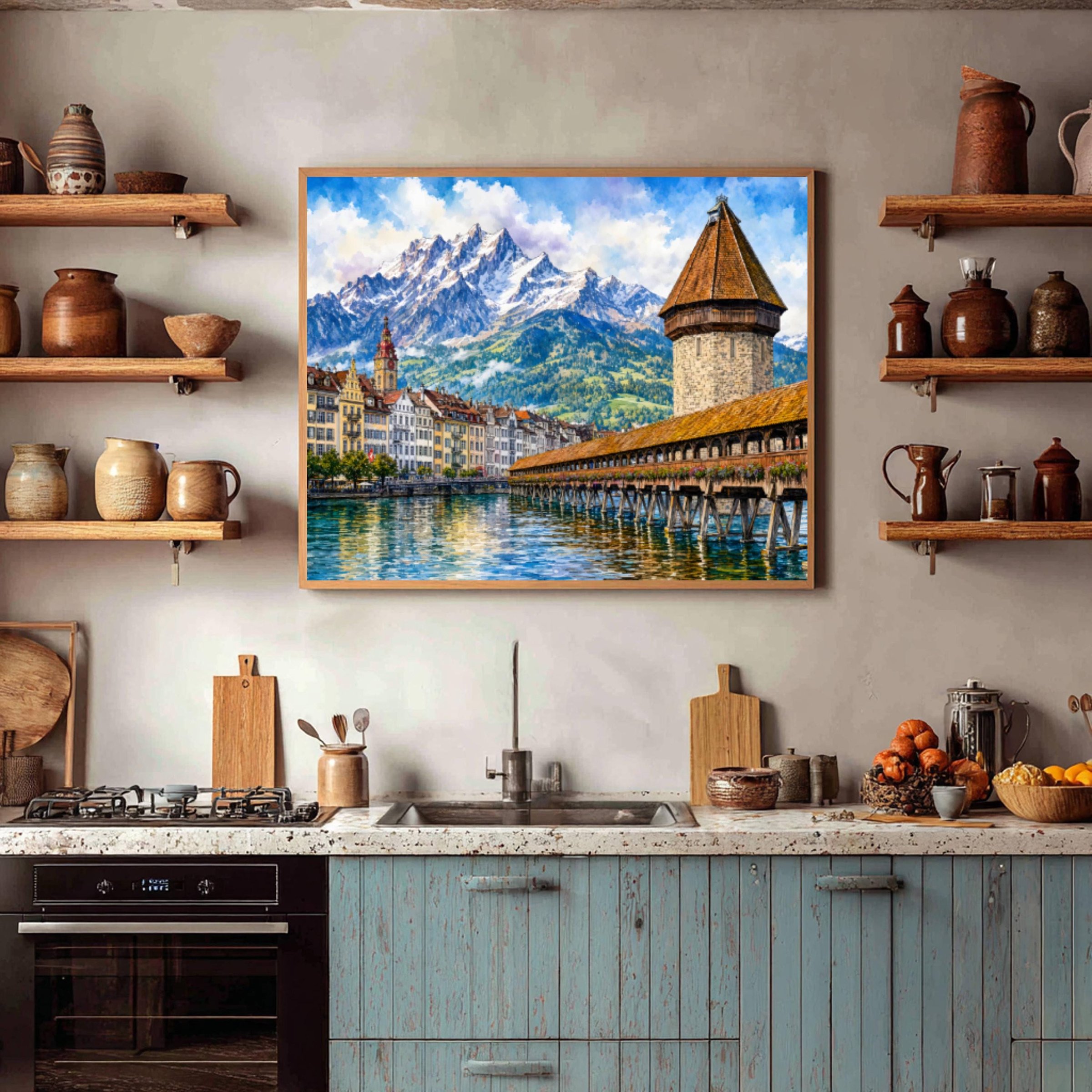 Lucerne Chapel Bridge Swiss Alps Switzerland Europe Watercolor Print: Vacation Travel Art Poster - Image 7