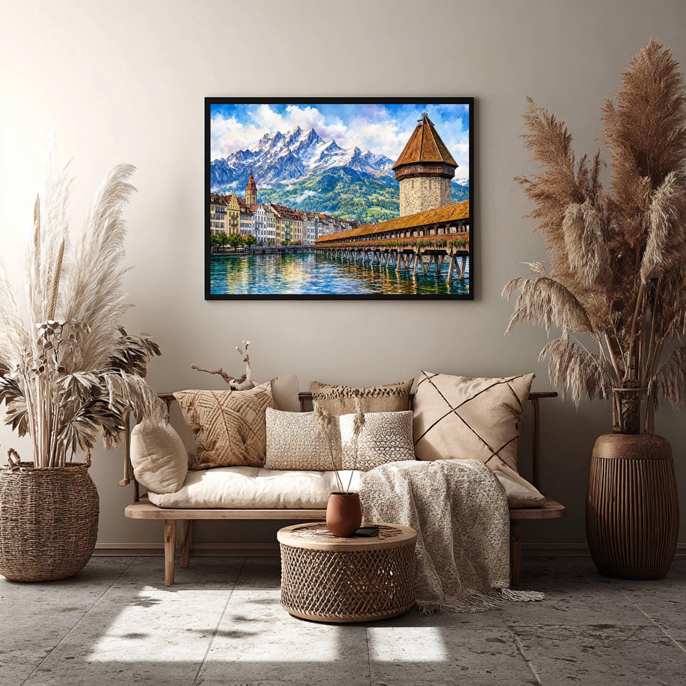 Lucerne Chapel Bridge Swiss Alps Switzerland Europe Watercolor Print: Vacation Travel Art Poster - Image 8