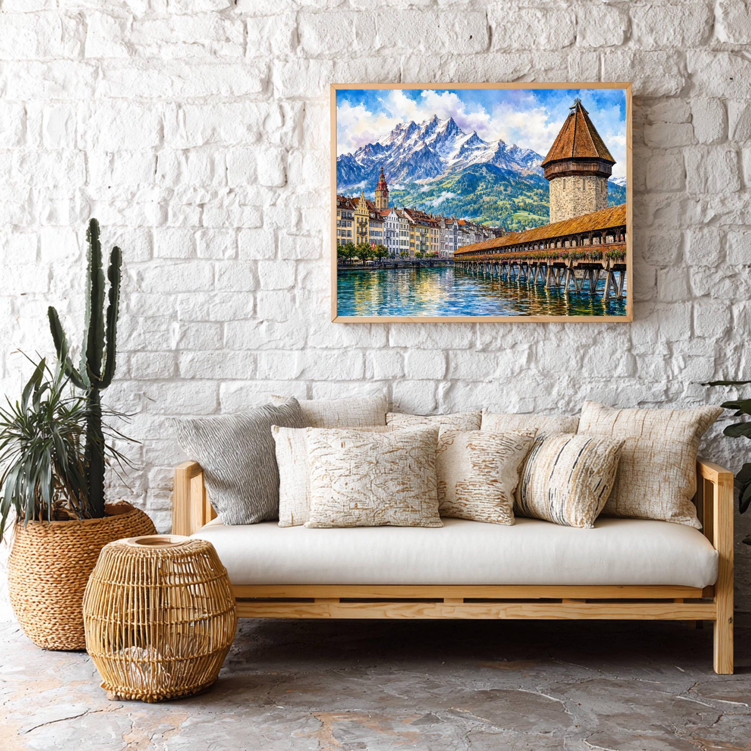 Lucerne Chapel Bridge Swiss Alps Switzerland Europe Watercolor Print: Vacation Travel Art Poster - Image 9