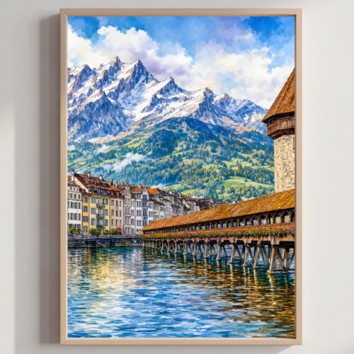 Lucerne Chapel Bridge Switzerland Watercolor Print: Swiss Alps Travel Art Poster