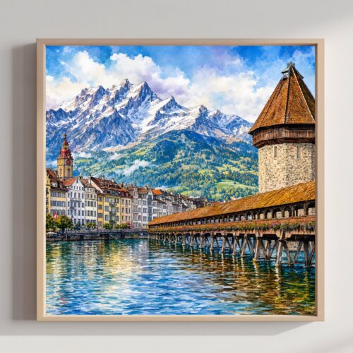Lucerne Chapel Bridge Switzerland Watercolor Print: Swiss Alps Travel Art Poster