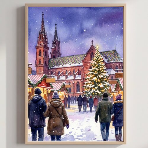 Basel Switzerland Christmas Market Watercolor Print: Christmas Travel Art Poster