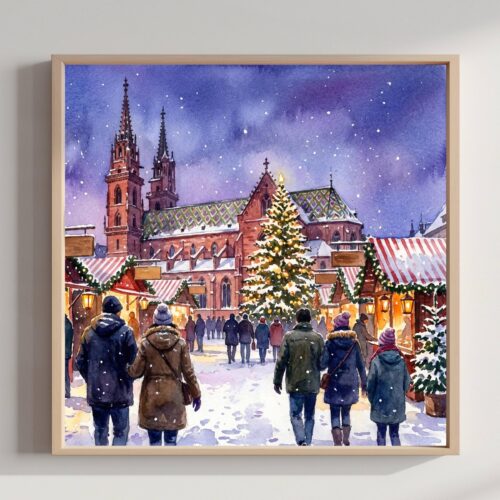 Basel Switzerland Christmas Market Watercolor Print: Square Christmas Travel Art Poster