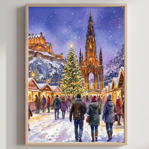 Edinburgh Scotland UK Christmas Market Watercolor Print: Christmas Travel Art Poster