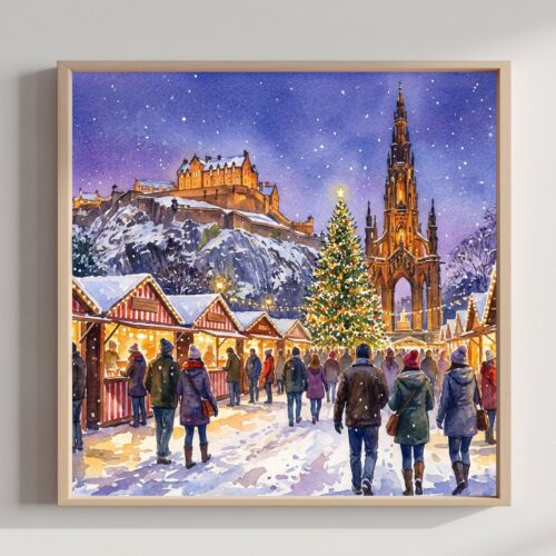 Edinburgh Scotland UK Christmas Market Watercolor Print: Square Christmas Travel Art Poster
