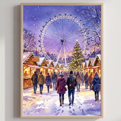 London England UK Christmas Market Winter Wonderland Watercolor Print: Christmas Travel Art Poster