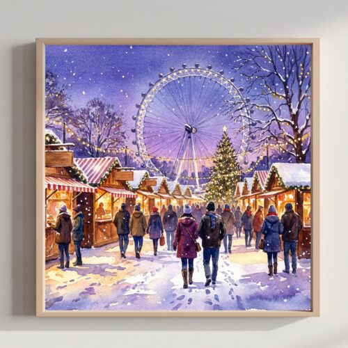 London England UK Christmas Market Winter Wonderland Watercolor Print: Square Christmas Travel Art Poster