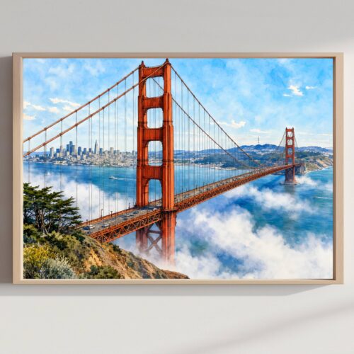San Francisco Golden Gate Bridge California Watercolor Print: USA Travel Art Poster