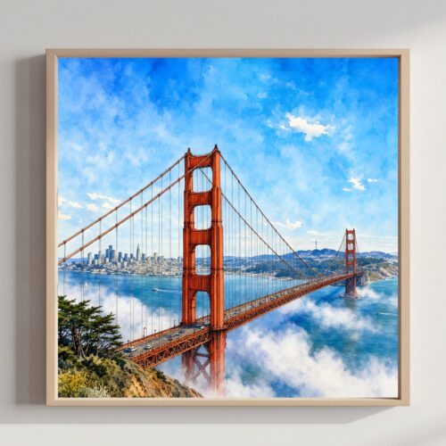 San Francisco Golden Gate Bridge California USA Watercolor Print: Square Travel Art Poster