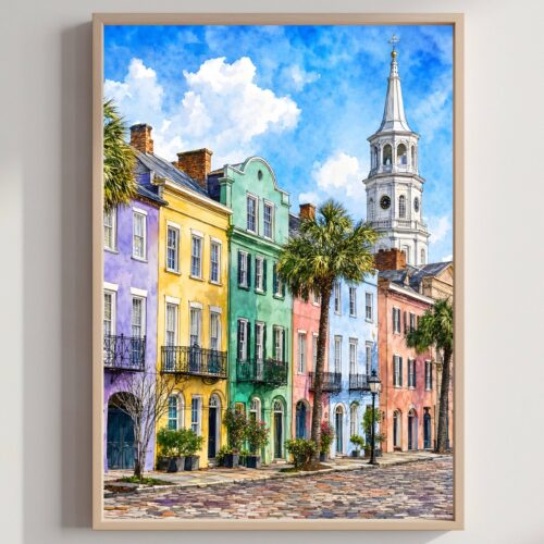 Charleston Rainbow Row South Carolina Watercolor Print: USA Travel Art Poster