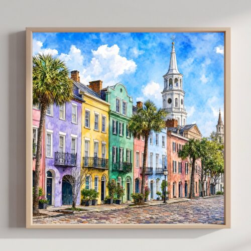 Charleston Rainbow Row South Carolina Watercolor Print: USA Travel Art Poster
