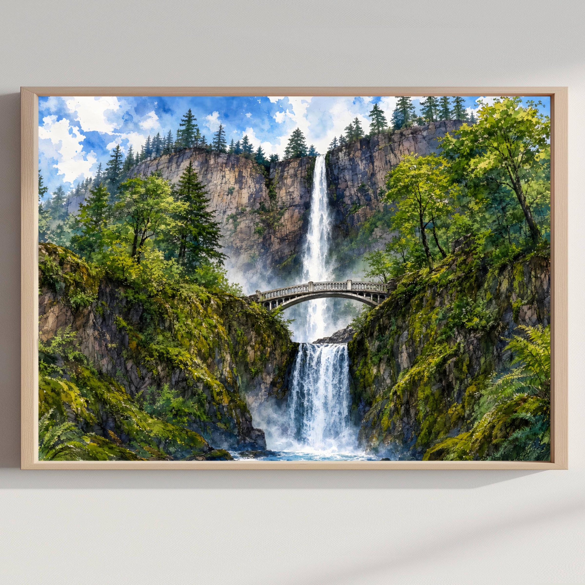 Multnomah Falls Benson Bridge Oregon Watercolor Print: USA Travel Art Poster