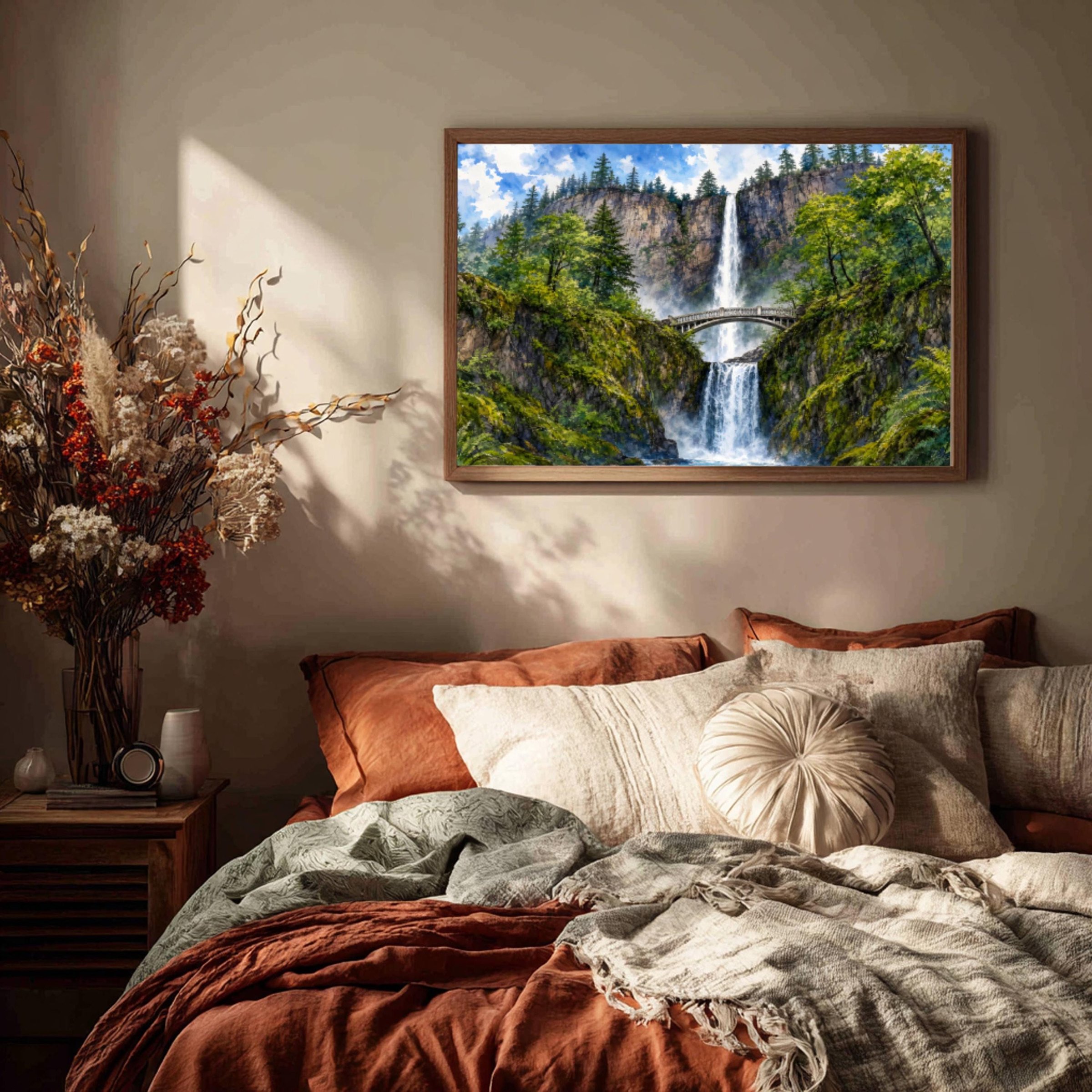 Multnomah Falls Benson Bridge Oregon Watercolor Print: USA Travel Art Poster - Image 3