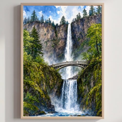 Multnomah Falls Oregon Watercolor Print: Benson Bridge USA Travel Art Poster
