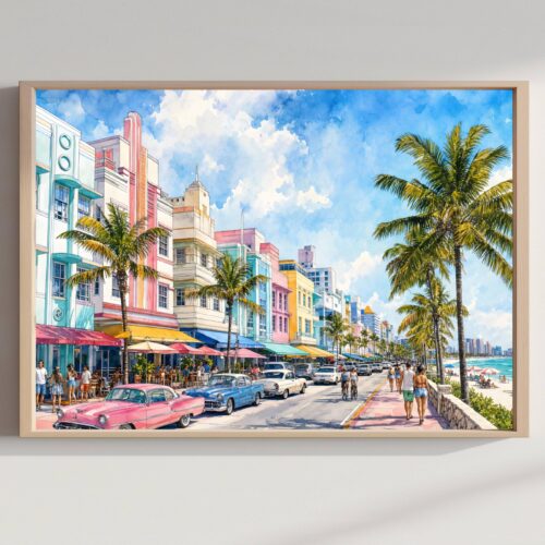 Miami South Beach Florida Watercolor Print: USA Travel Art Poster