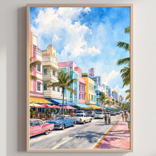 Miami South Beach Florida Watercolor Print: USA Travel Art Poster