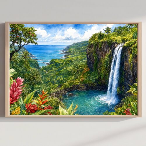 Road to Hana Waterfall Maui Hawaii Watercolor Print: USA Travel Art Poster