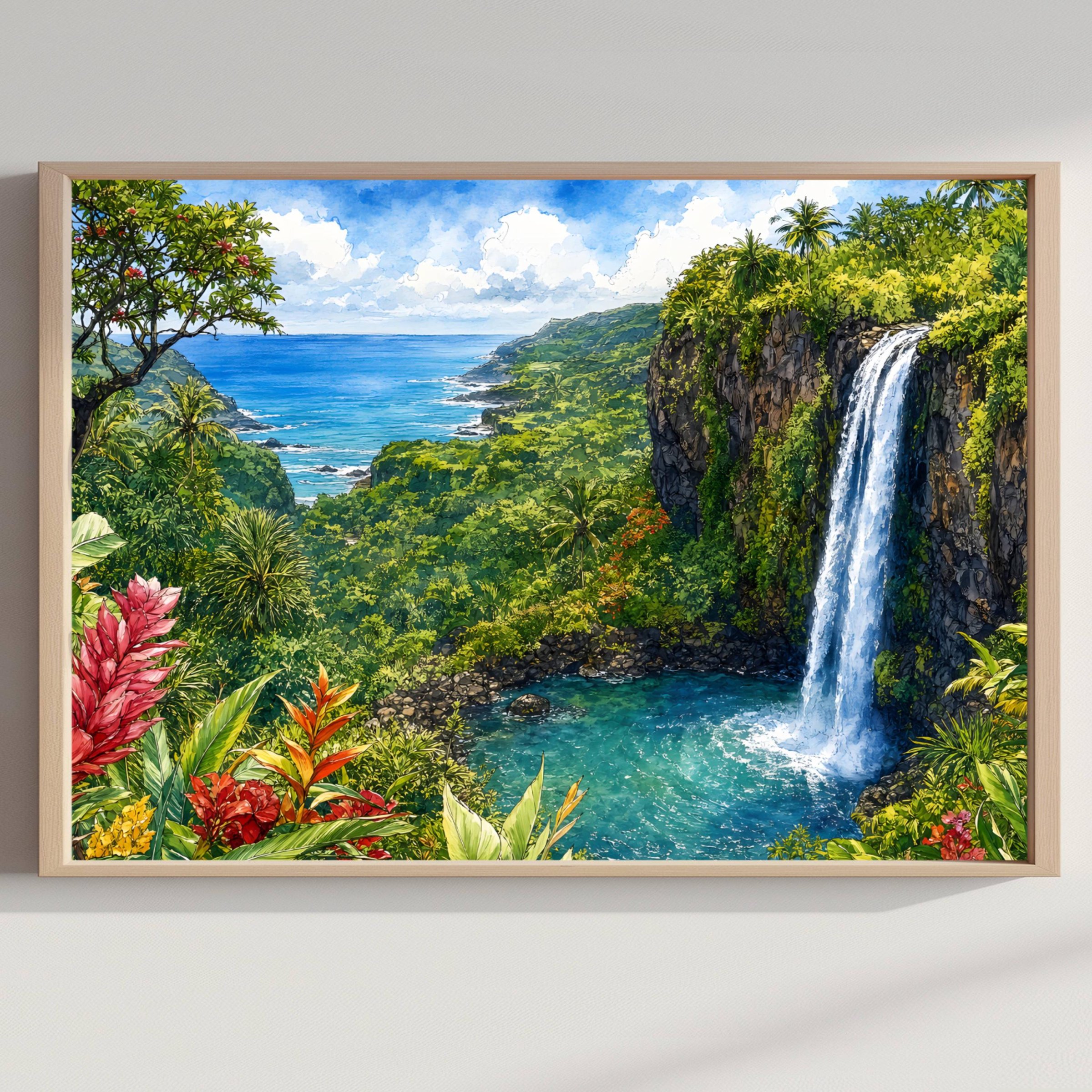 Road to Hana Waterfall Maui Hawaii Watercolor Print: USA Travel Art Poster