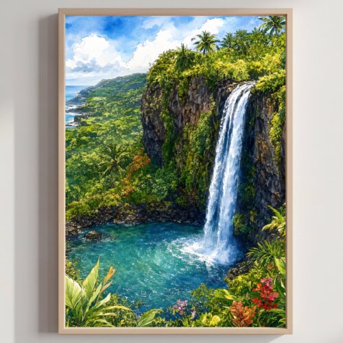 Road to Hana Waterfall Maui Hawaii Watercolor Print: USA Travel Art Poster