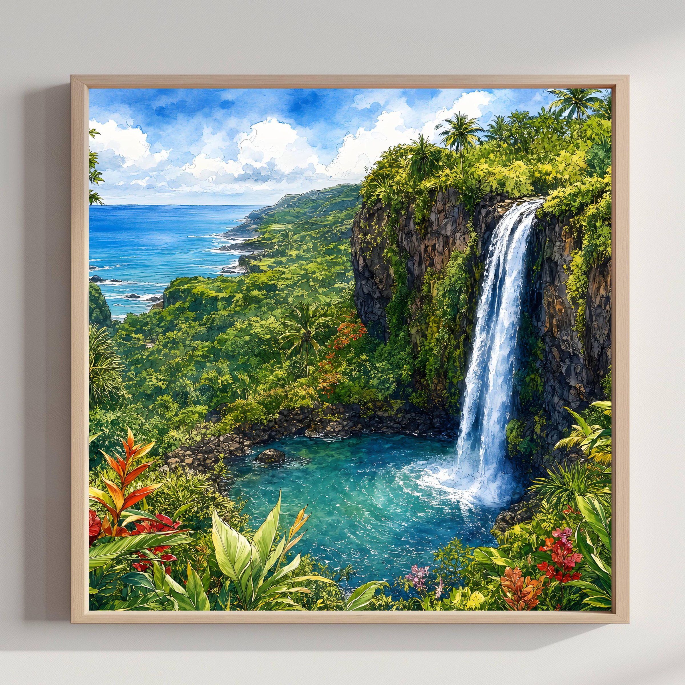 Maui Road to Hana Waterfall Hawaii Watercolor Print: USA Travel Art Poster